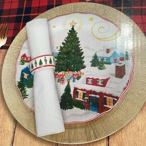 LOT 0f 2 2Pc Cofton Holiday Gold Charger Christmas Tree Porcelain Plate Setting